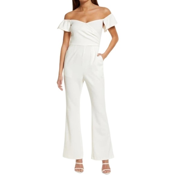 CHELSEA 28 OFF THE SHOULDER JUMPSUIT IN IVORY CLOUD - Picture 1 of 13